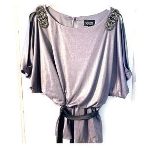 Metallic Grey Top- black satin belt size 8